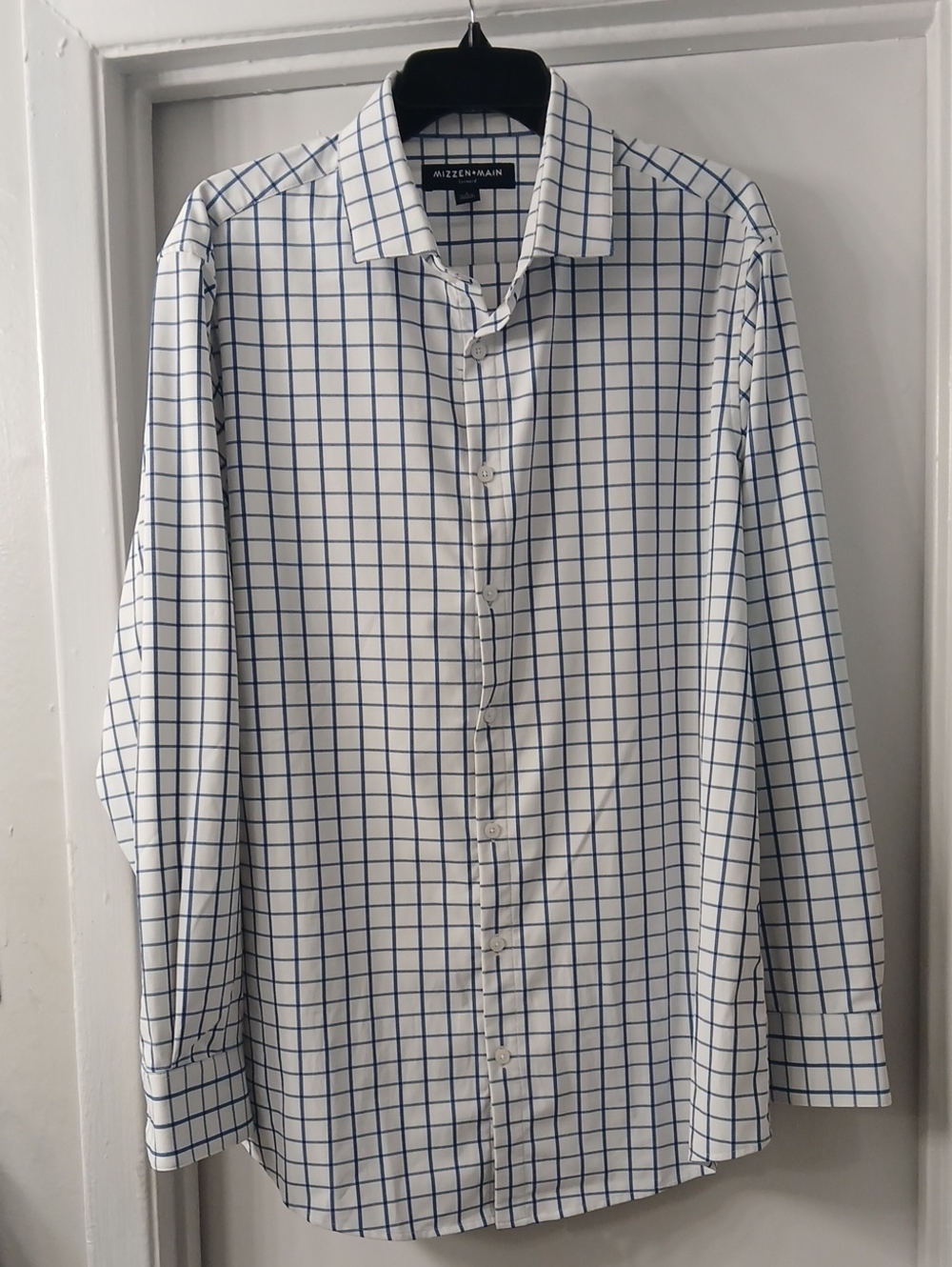 Mizzen+Main White Dress Shirt with Blue Windowpane Check